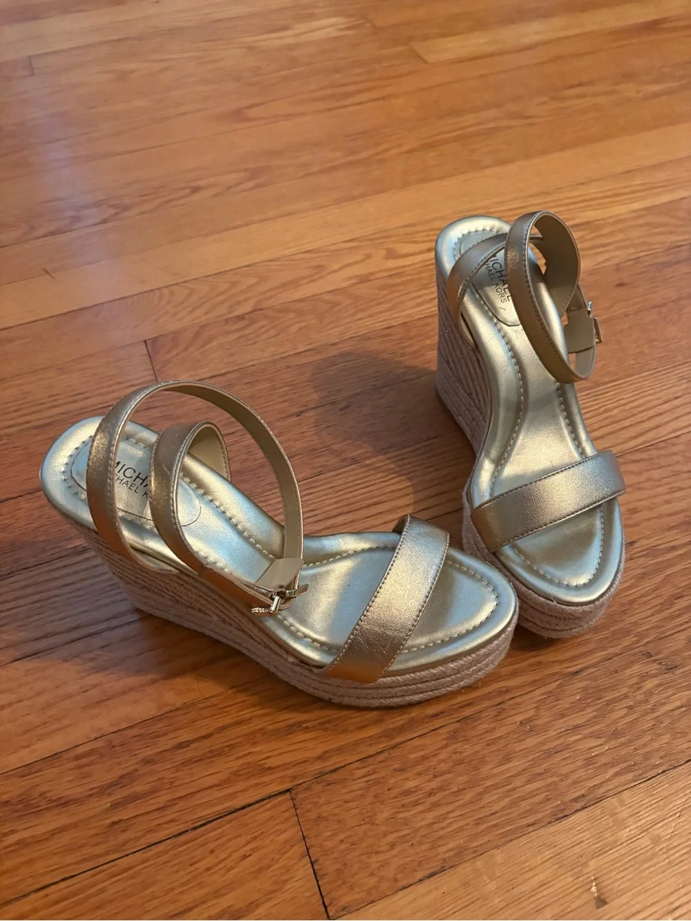 NWT Michael Kors Pale Gold Ankle-Strap Espadrille Wedges sz 6.5